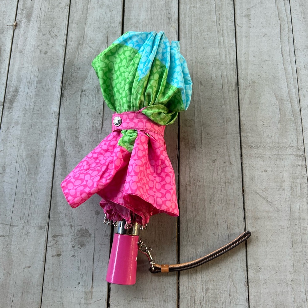 Coach Mini UV Umbrella in Pink, Green, and Blue